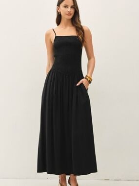 Dropped Waist Smocked Maxi Dress Black